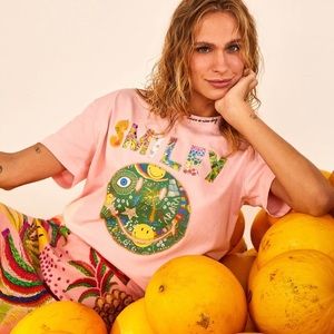 Farm Rio x Smiley Collab Pastel Pink Embroidered Tee T-shirt